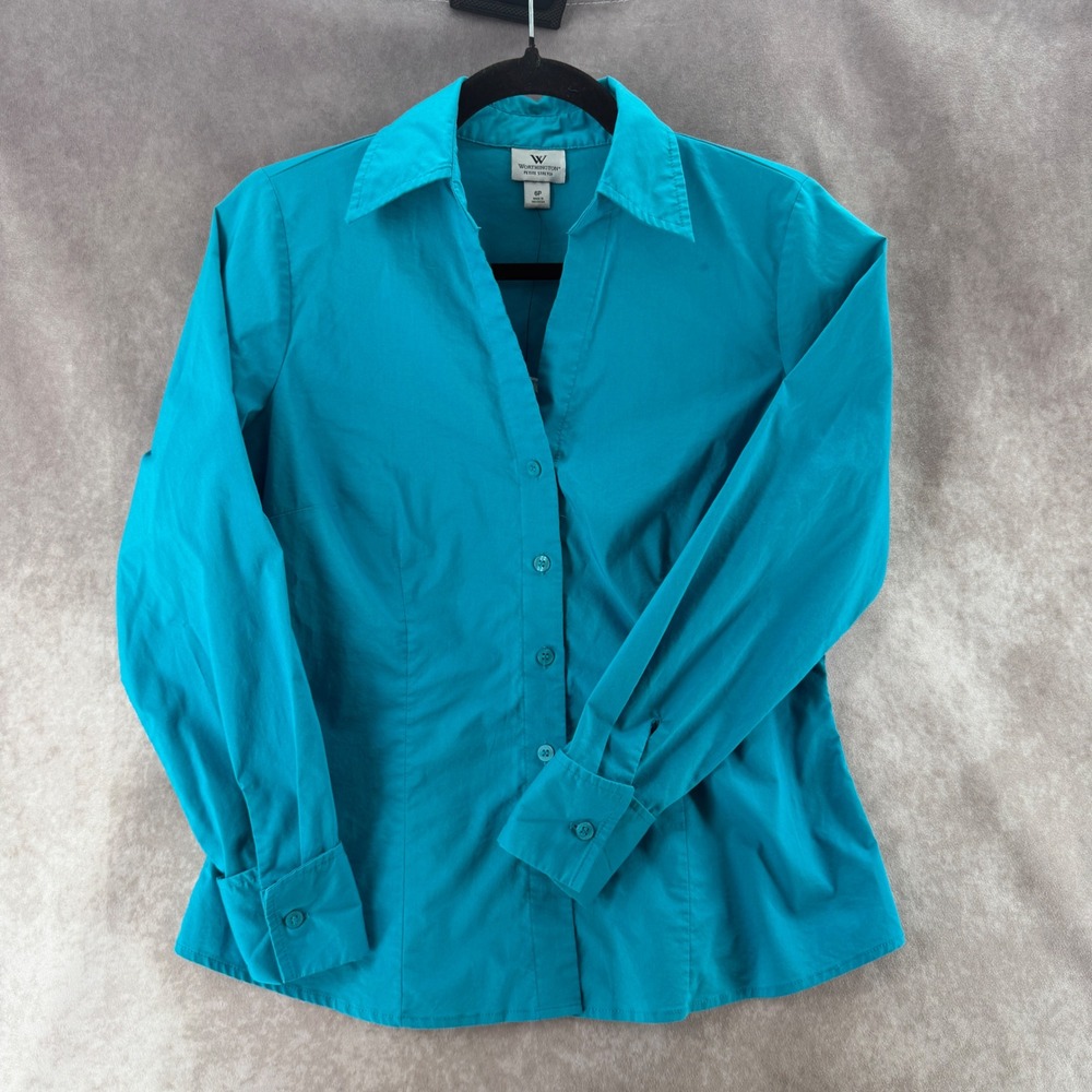 Teal Blue Long Sleeve Button Up Stretch Shirt Petite 6P Y2K Officecore Petite